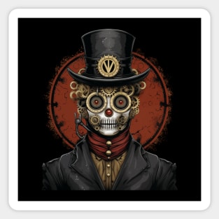 Vintage Robot Skeleton in a Suit and Top Hat Against a Red Moon – Retro Horror Illustration. Sticker